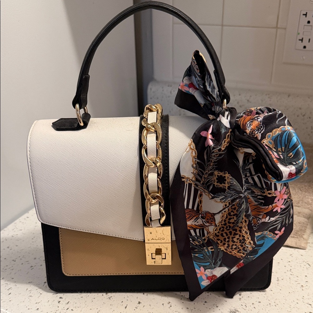 Aldo White and Tan Satchel with Gold Chain